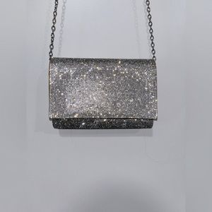 Silver rhinestone lurch bag with long silver chain